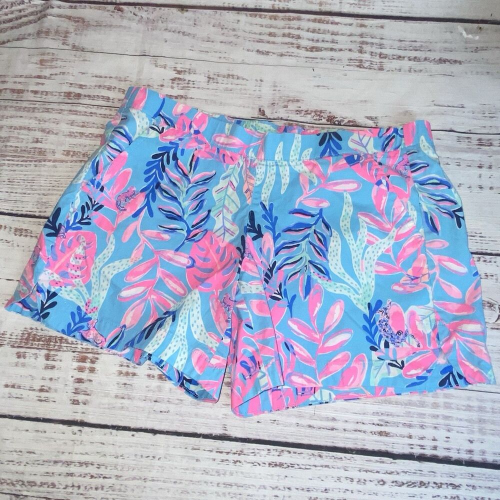 Lilly Pulitzer Ocean View Shorts Womens S Blue Pink Tropical Floral 002065 B6